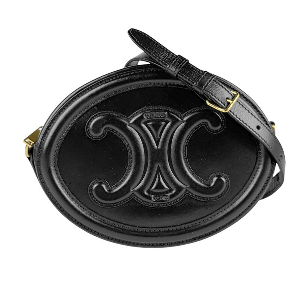 Celine Purse Triomphe Leather Black Bag Shoulder Oval Cuir - Picture 2 of 4